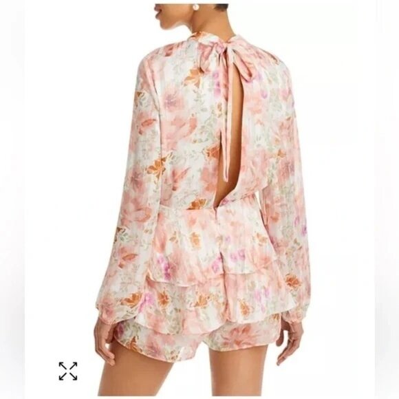 Endless Rose Watercolor Floral Long-Sleeve Chiffon Open Back Romper -XS - Picture 1 of 11
